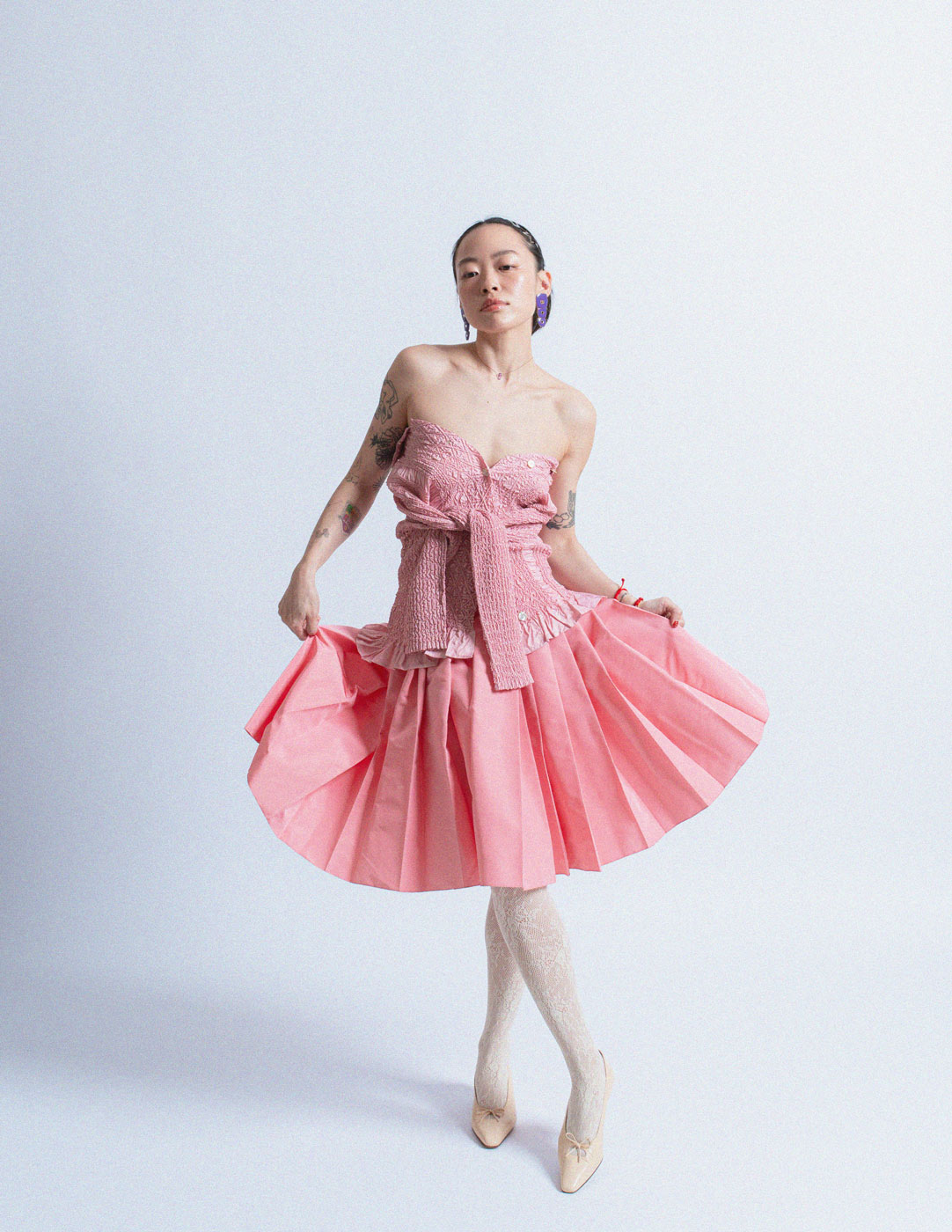 Yoshiki Hishinuma Peplum pink crinkled button-up top