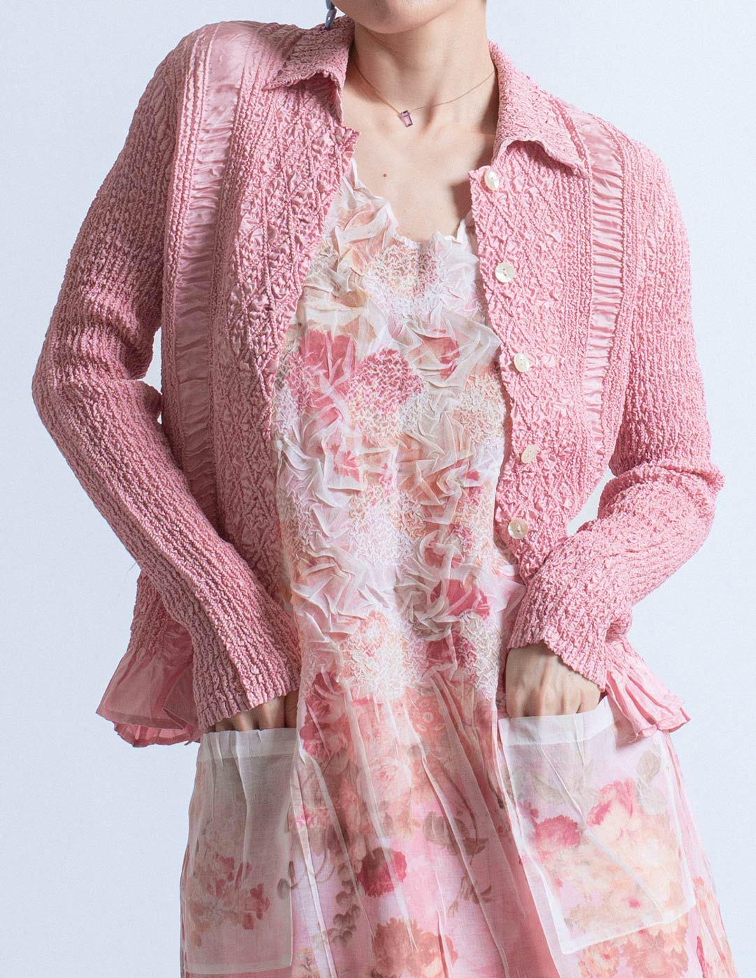 Yoshiki Hishinuma Peplum pink crinkled button-up top detail