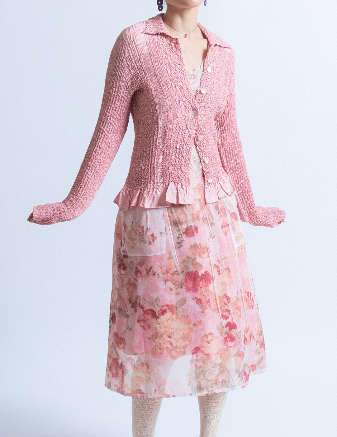 Yoshiki Hishinuma Peplum pink crinkled button-up top front detail