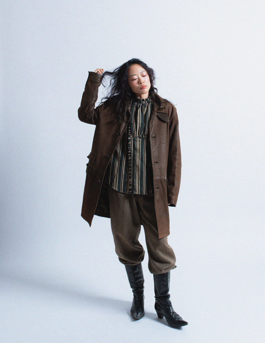 Kapital dark green striped ruffle top