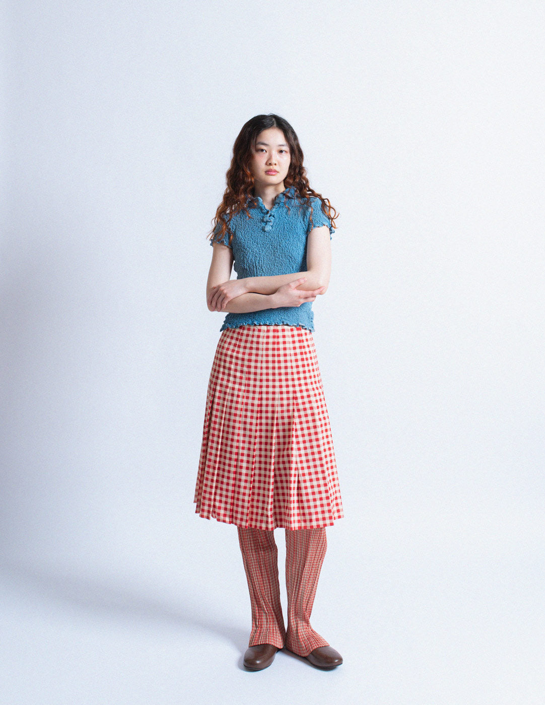 red and white gingham pleated skirt