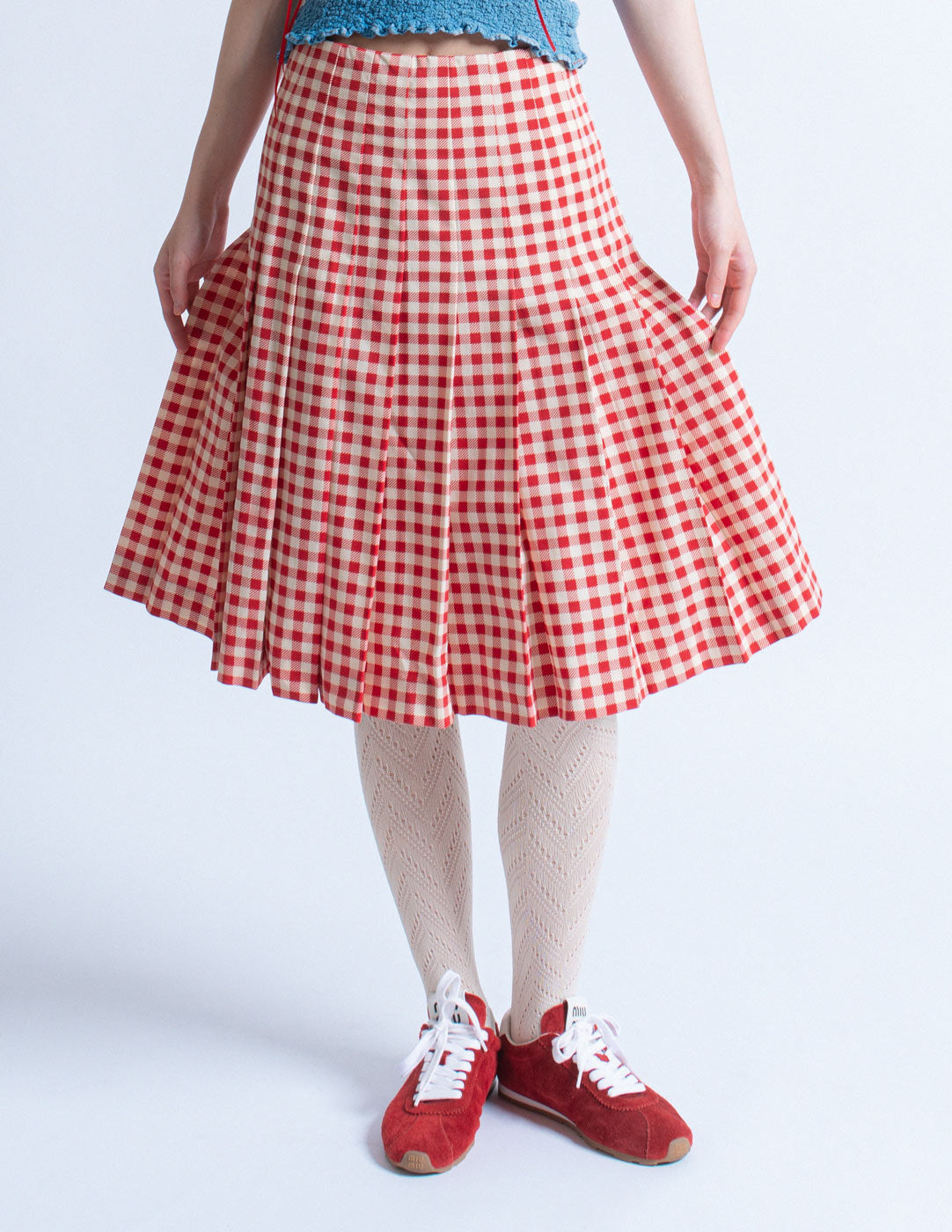 red and white gingham pleated skirt