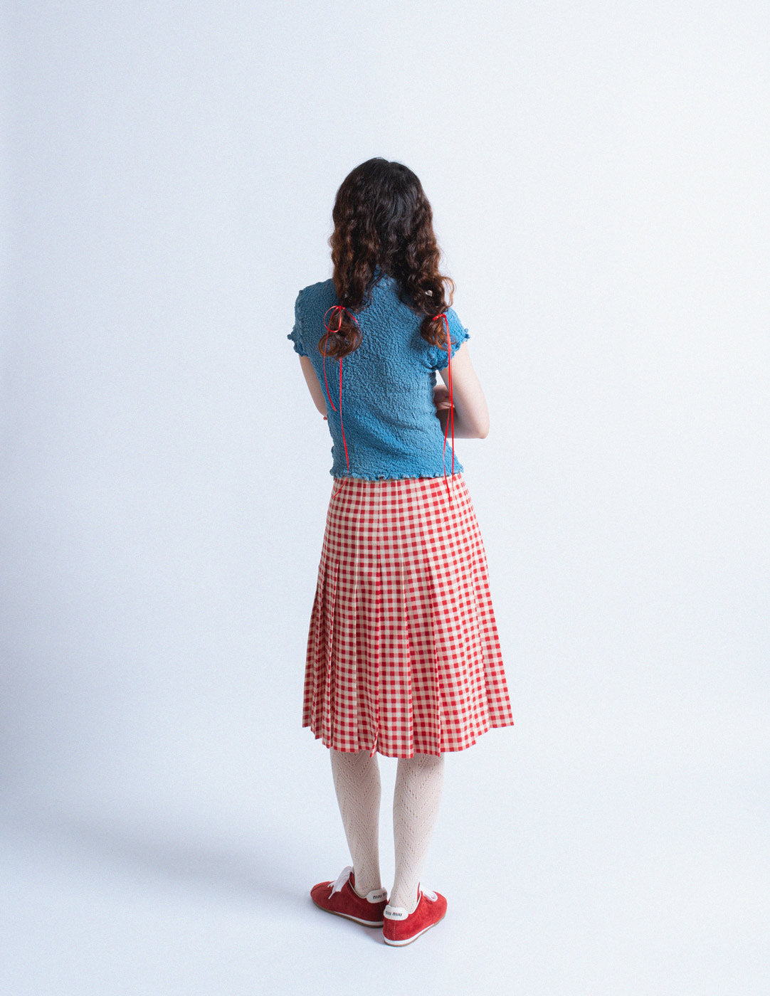 red and white gingham pleated skirt