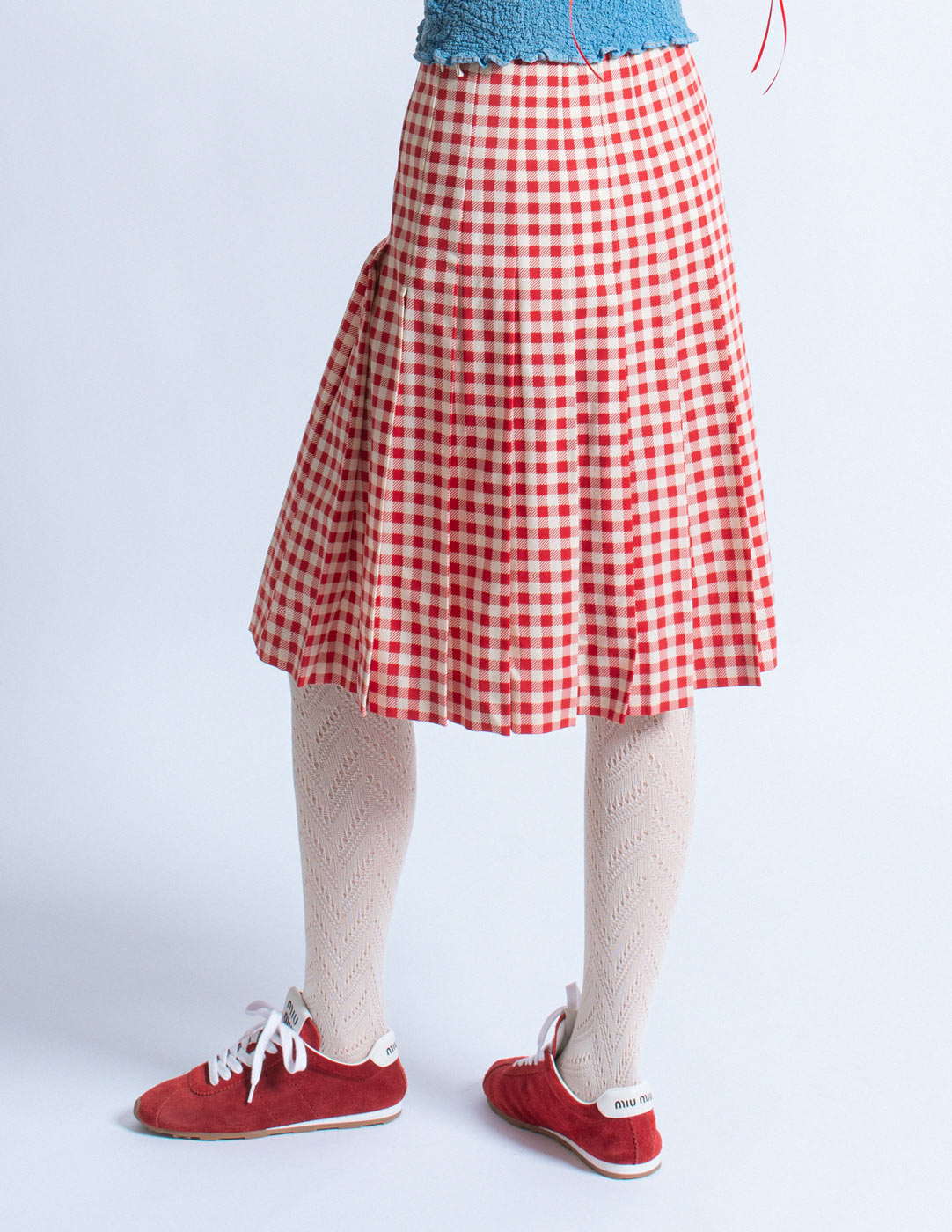 red and white gingham pleated skirt
