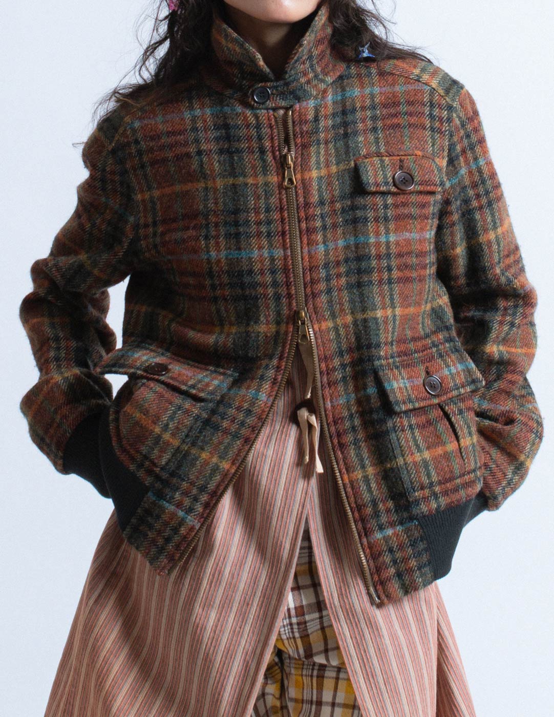 Romeo Gigli plaid wool zip up jacket detail