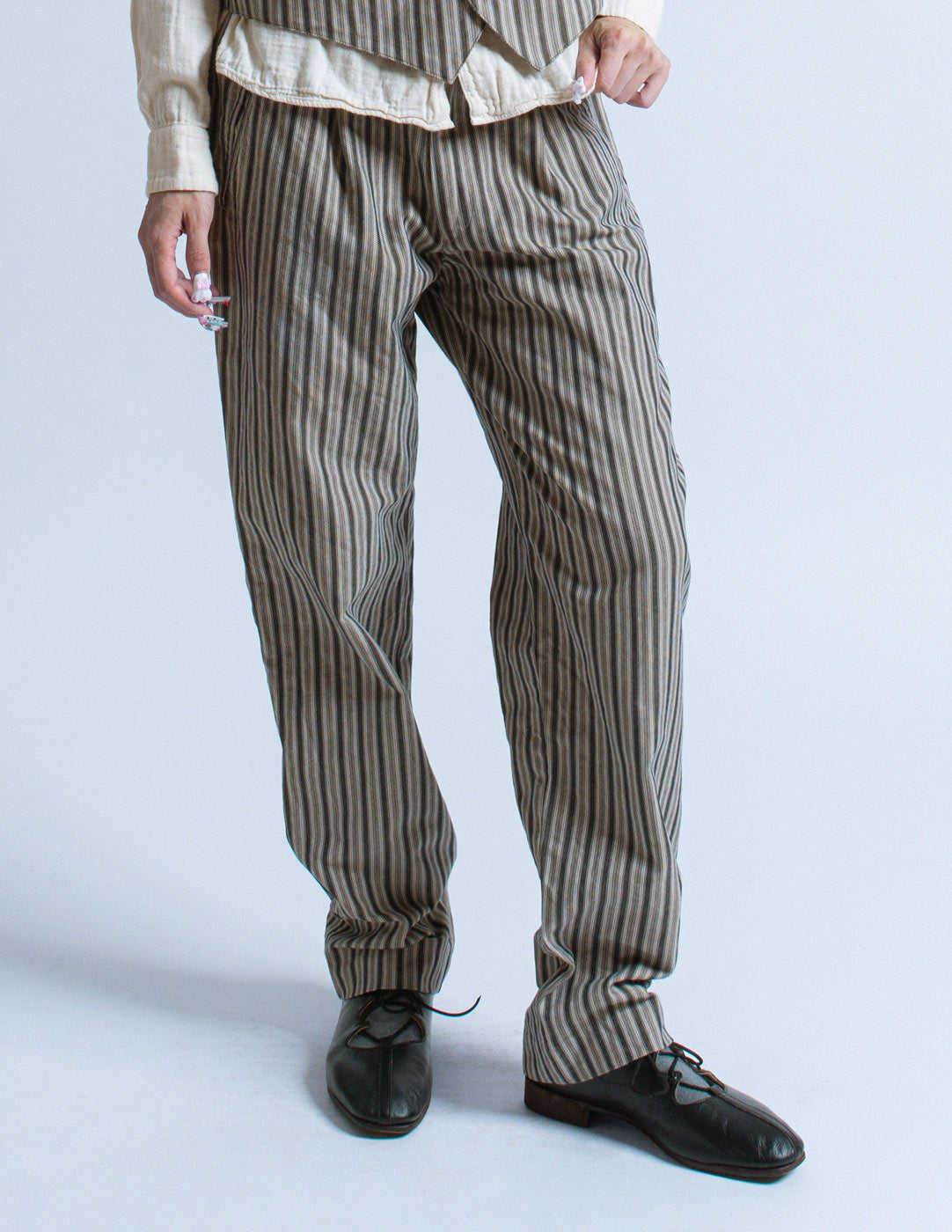Romeo Gigli vintage gray striped cotton trousers detail