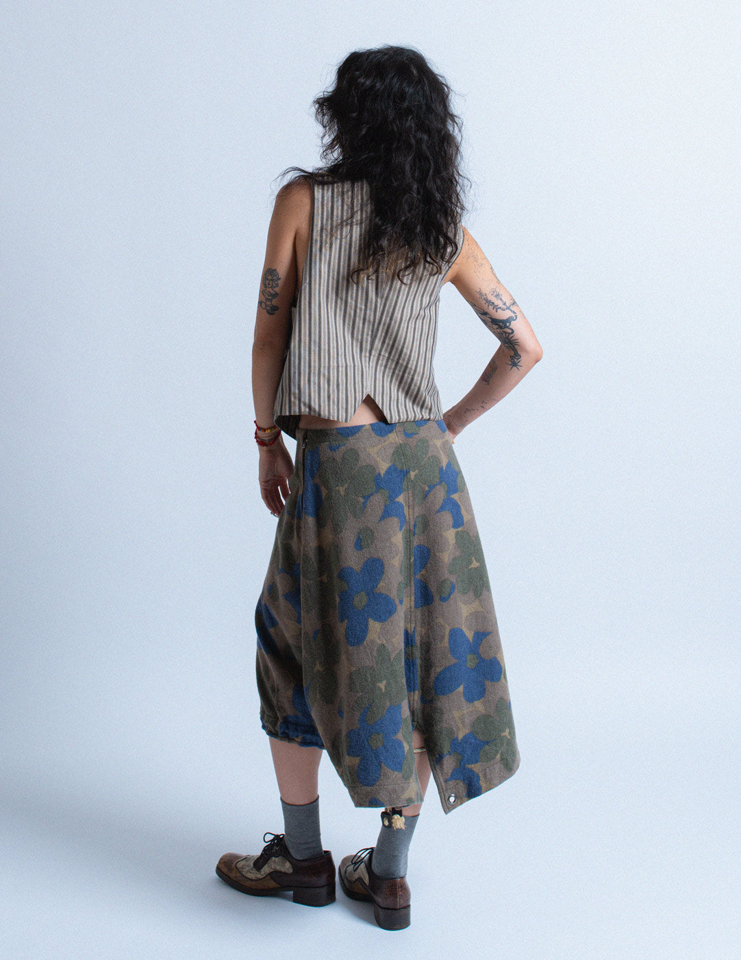 Yohji Yamamoto olive tone floral wool skirt back view