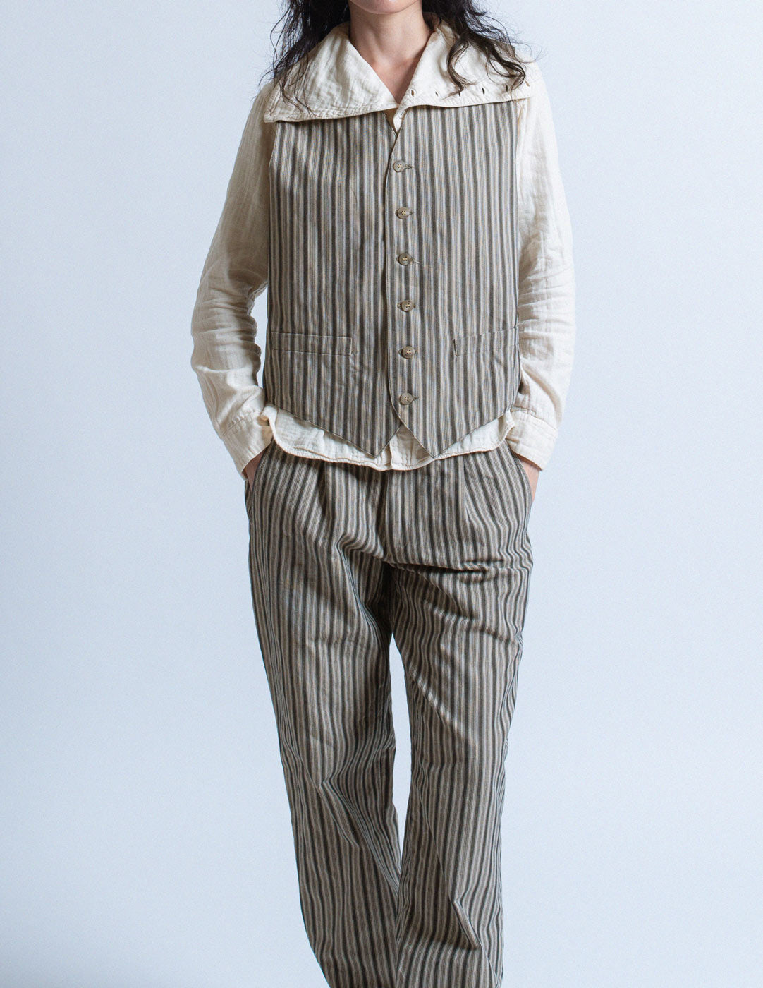 Romeo Gigli vintage gray striped cotton vest front detail