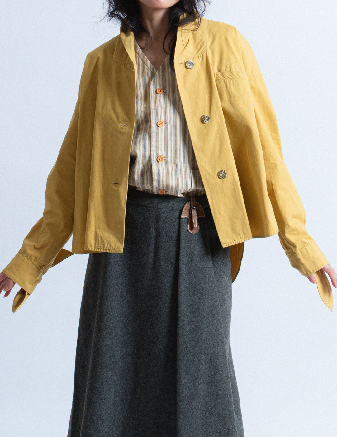 Romeo Gigli vintage mustard yellow cotton cocoon shirt front detail