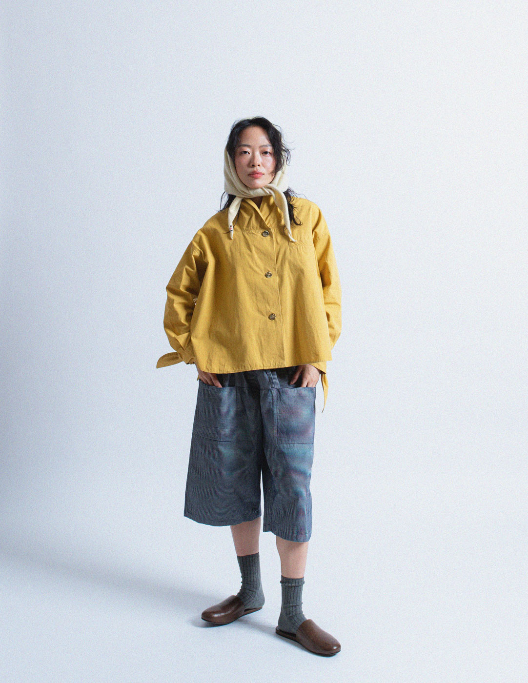 Issey Miyake navy pinstripe drawstring wide legged shorts