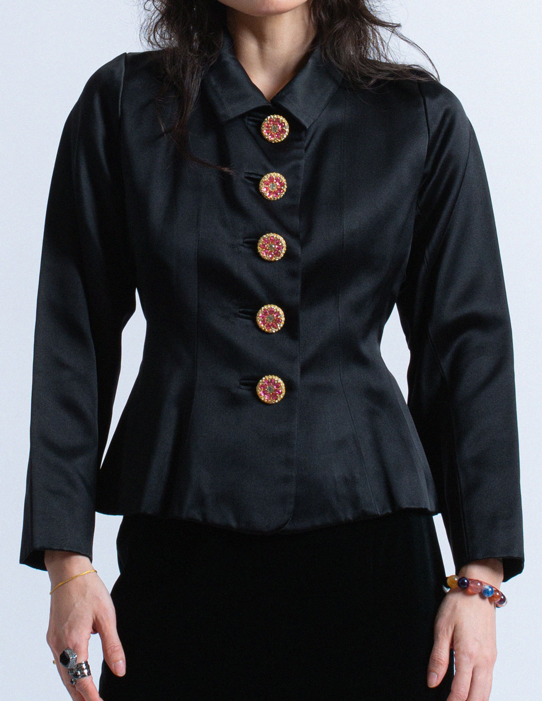 Yves Saint Laurent vintage jewel-buttoned satin blazer front detail