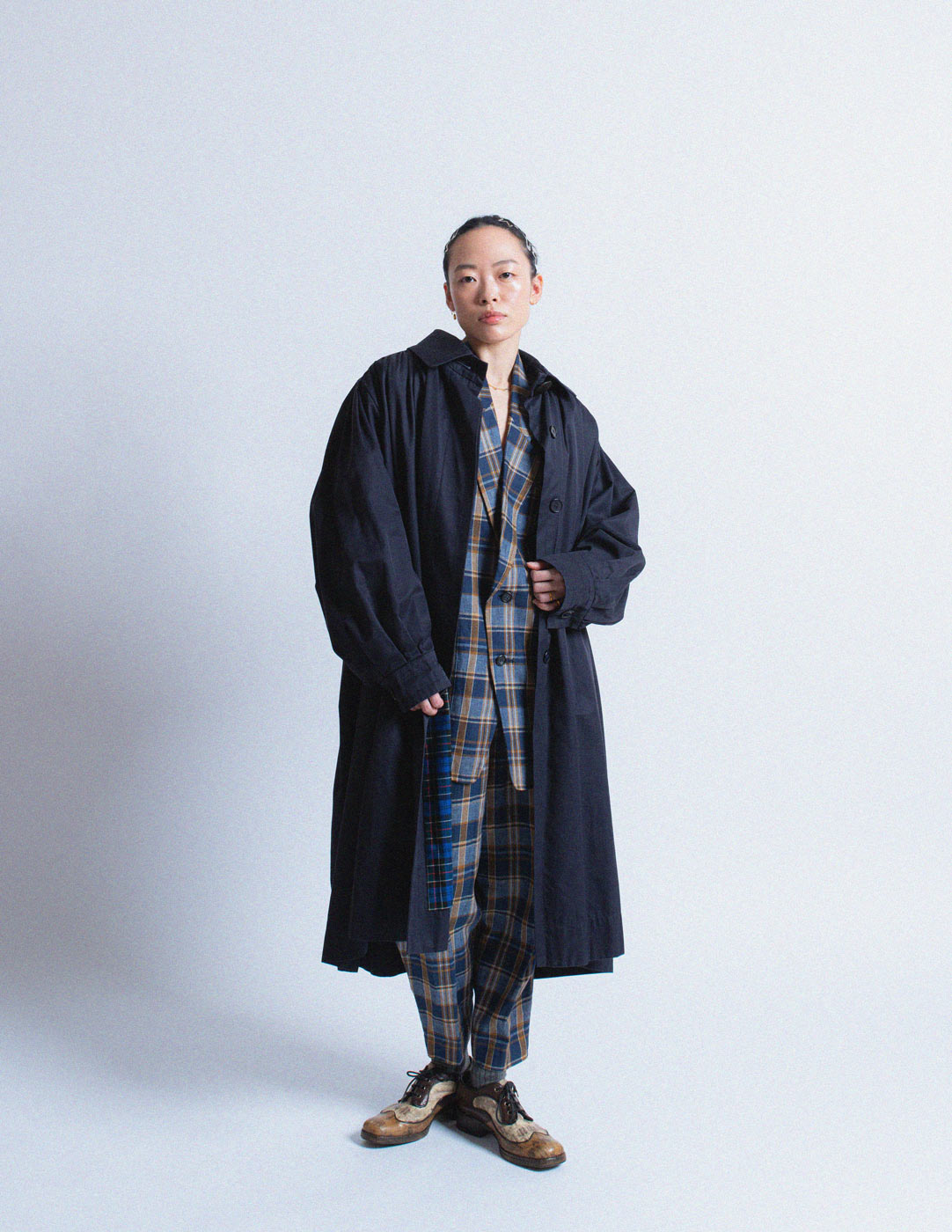 vintage navy smocked cotton trench