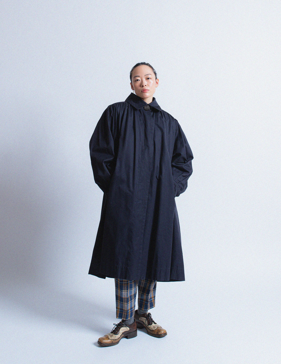 vintage navy smocked cotton trench