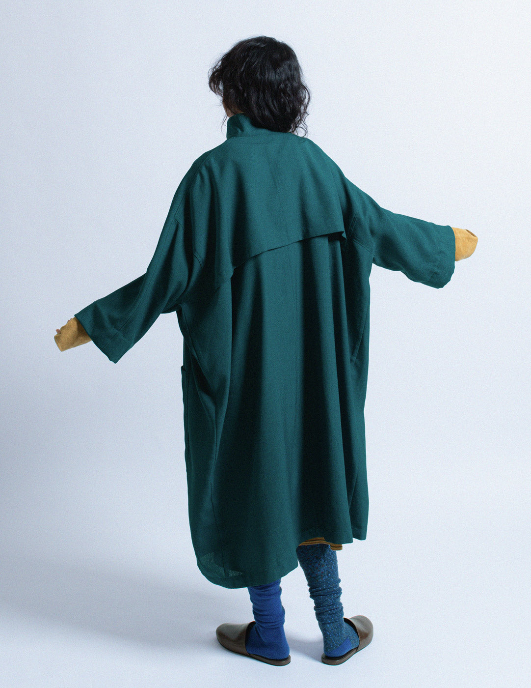 Y's teal outer coat with mustard trim back view