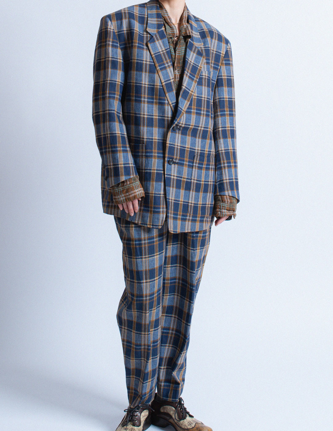 Issey Miyake vintage navy plaid linen suit set front detail
