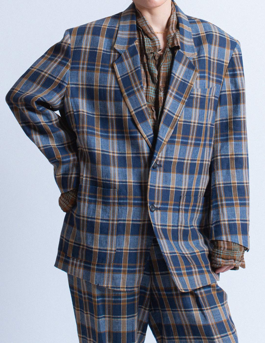 Issey Miyake vintage navy plaid linen suit set blazer detail