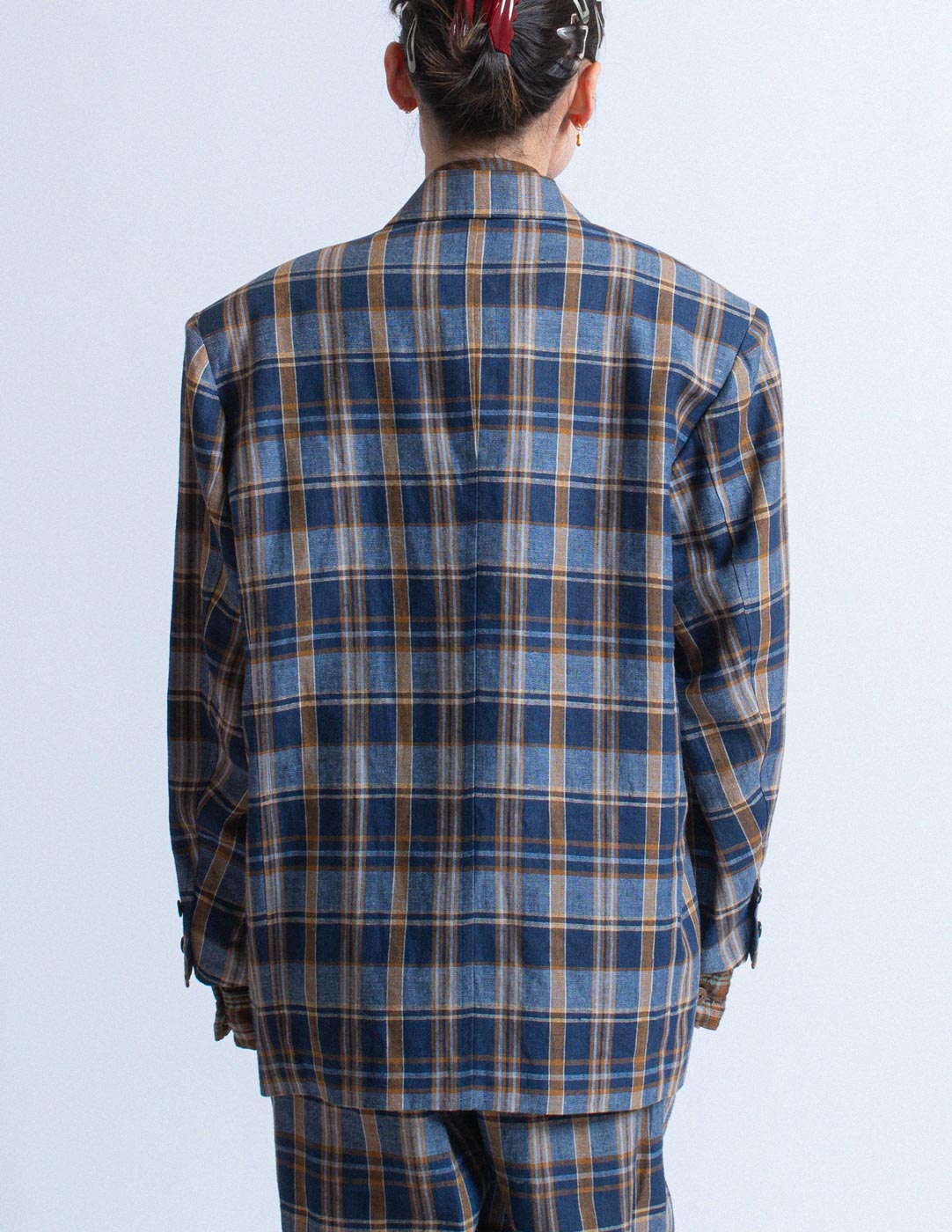 Issey Miyake vintage navy plaid linen suit set back detail