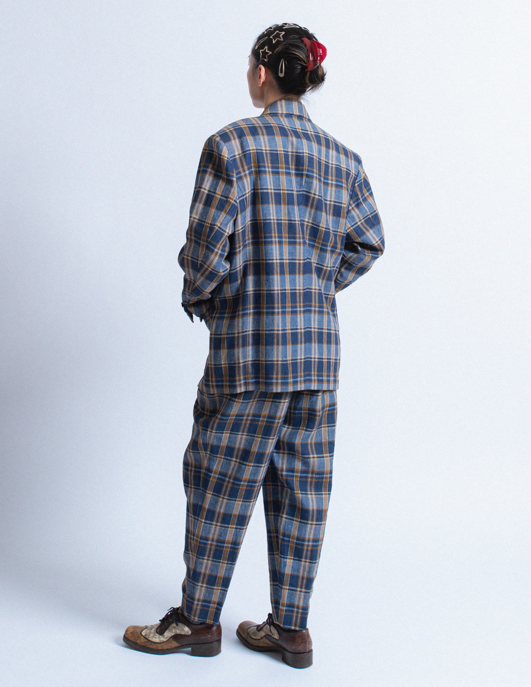 Issey Miyake vintage navy plaid linen suit set back view