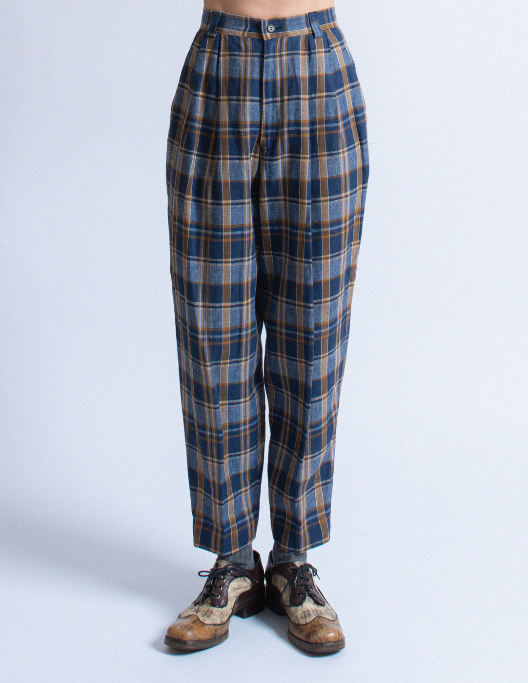 Issey Miyake vintage navy plaid linen suit set trousers detail