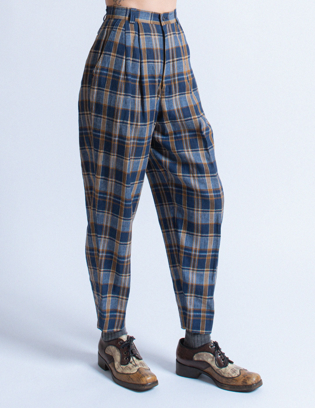 Issey Miyake vintage navy plaid linen suit set trousers detail