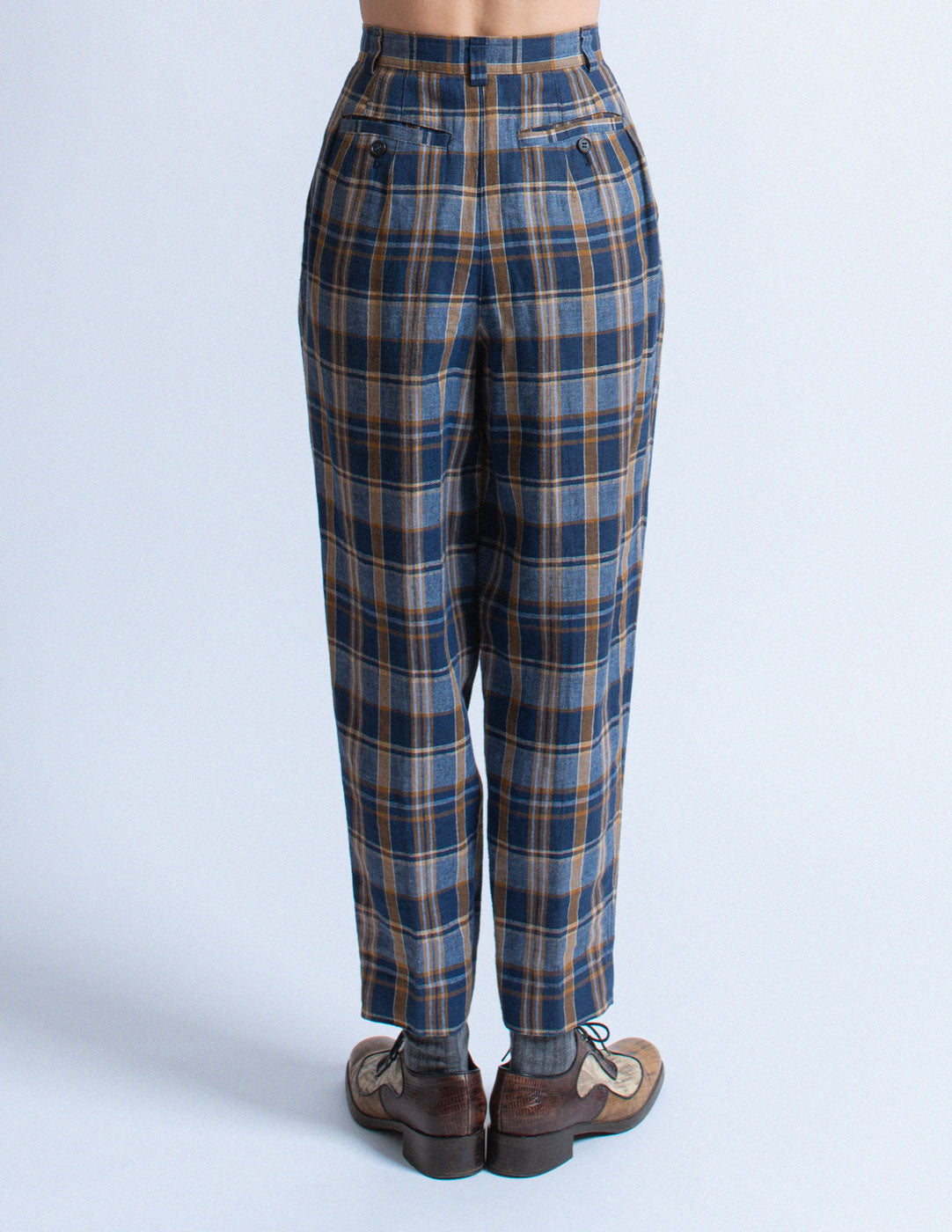 Issey Miyake vintage navy plaid linen suit set trousers detail
