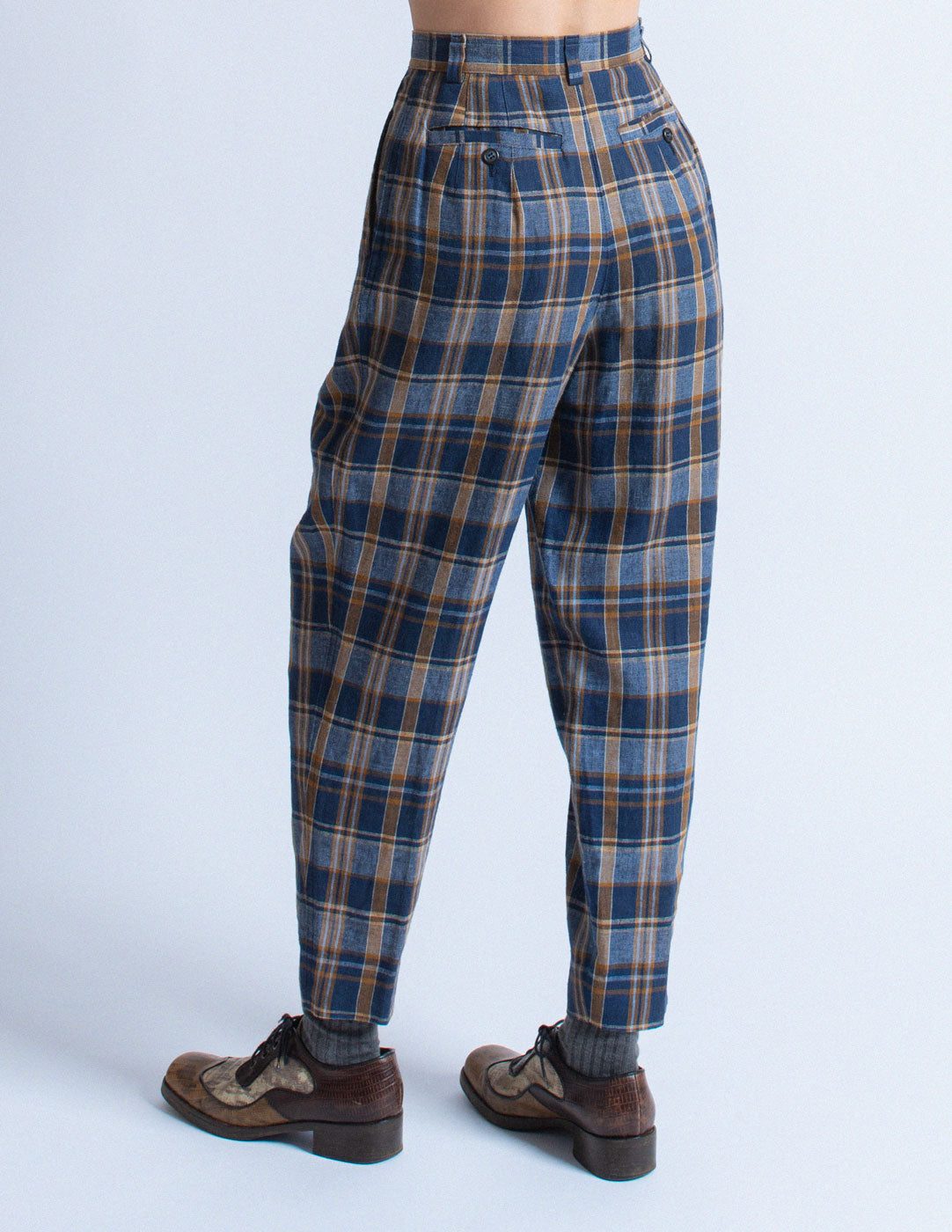 Issey Miyake vintage navy plaid linen suit set trousers detail