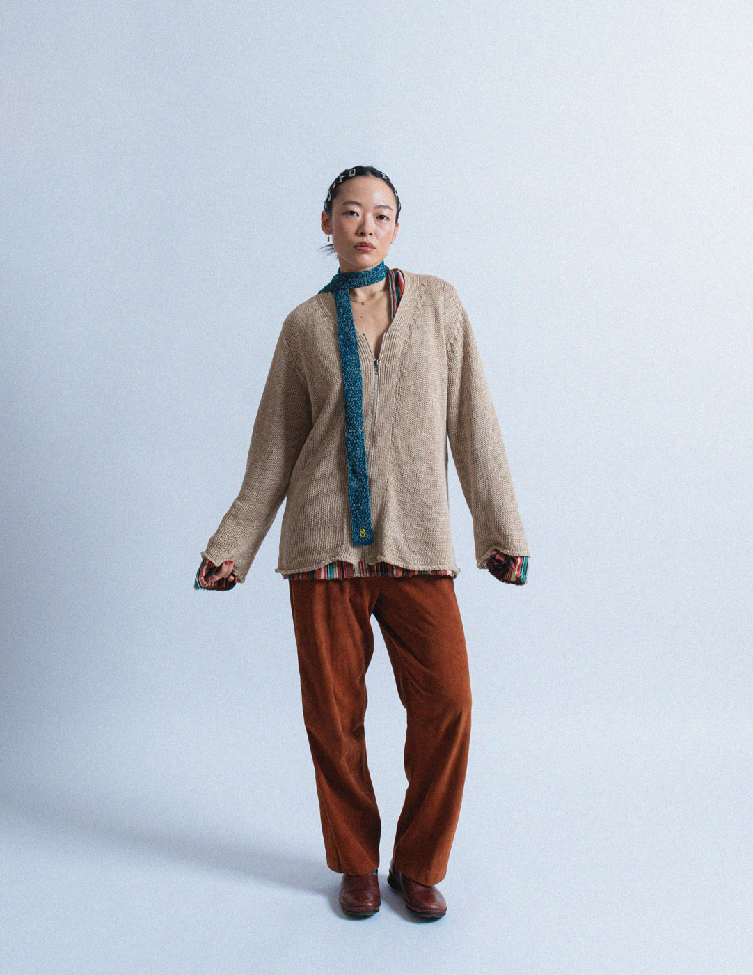 Comme des Garçon khaki and silver linen cardigan