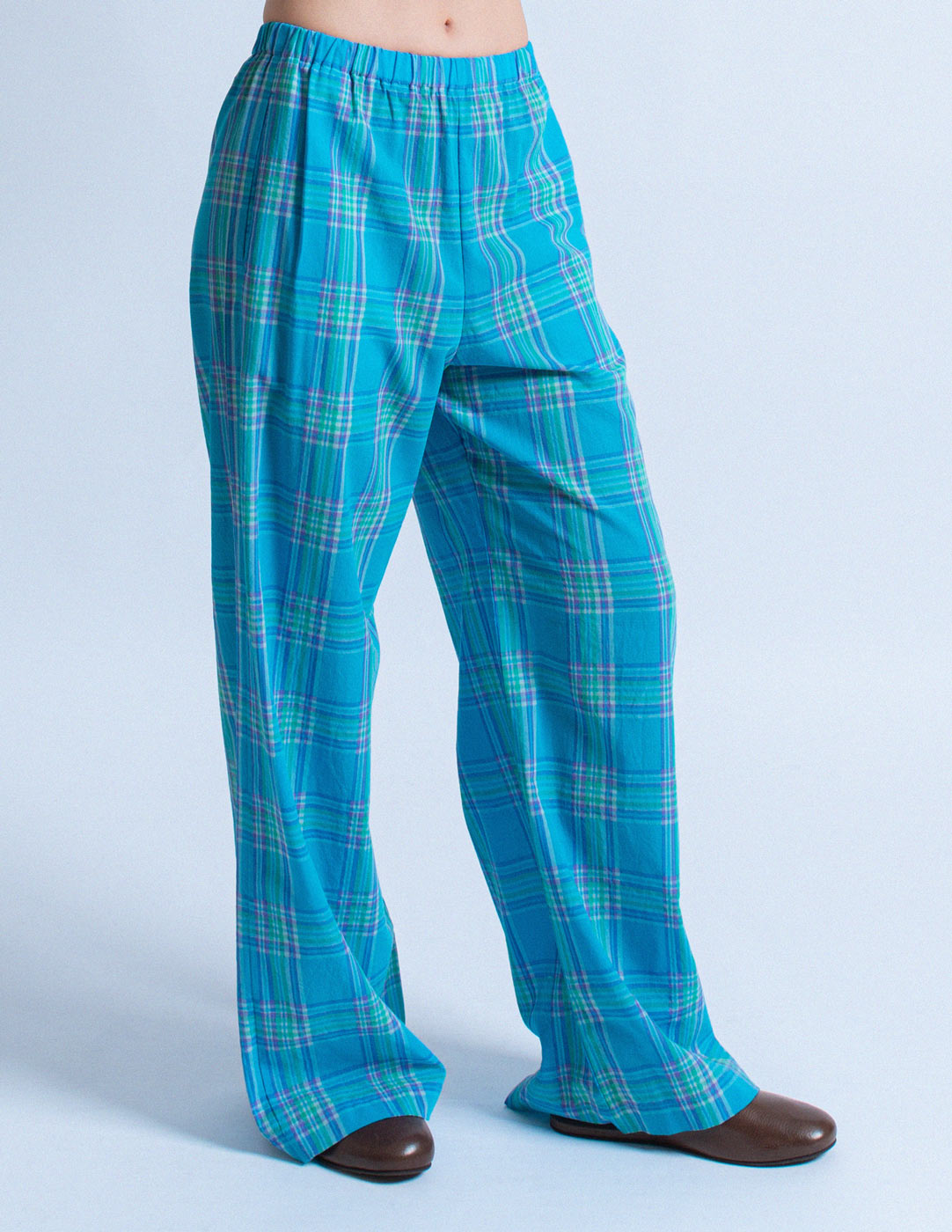 Comme des Garçons vintage blue plaid lounge pants side view