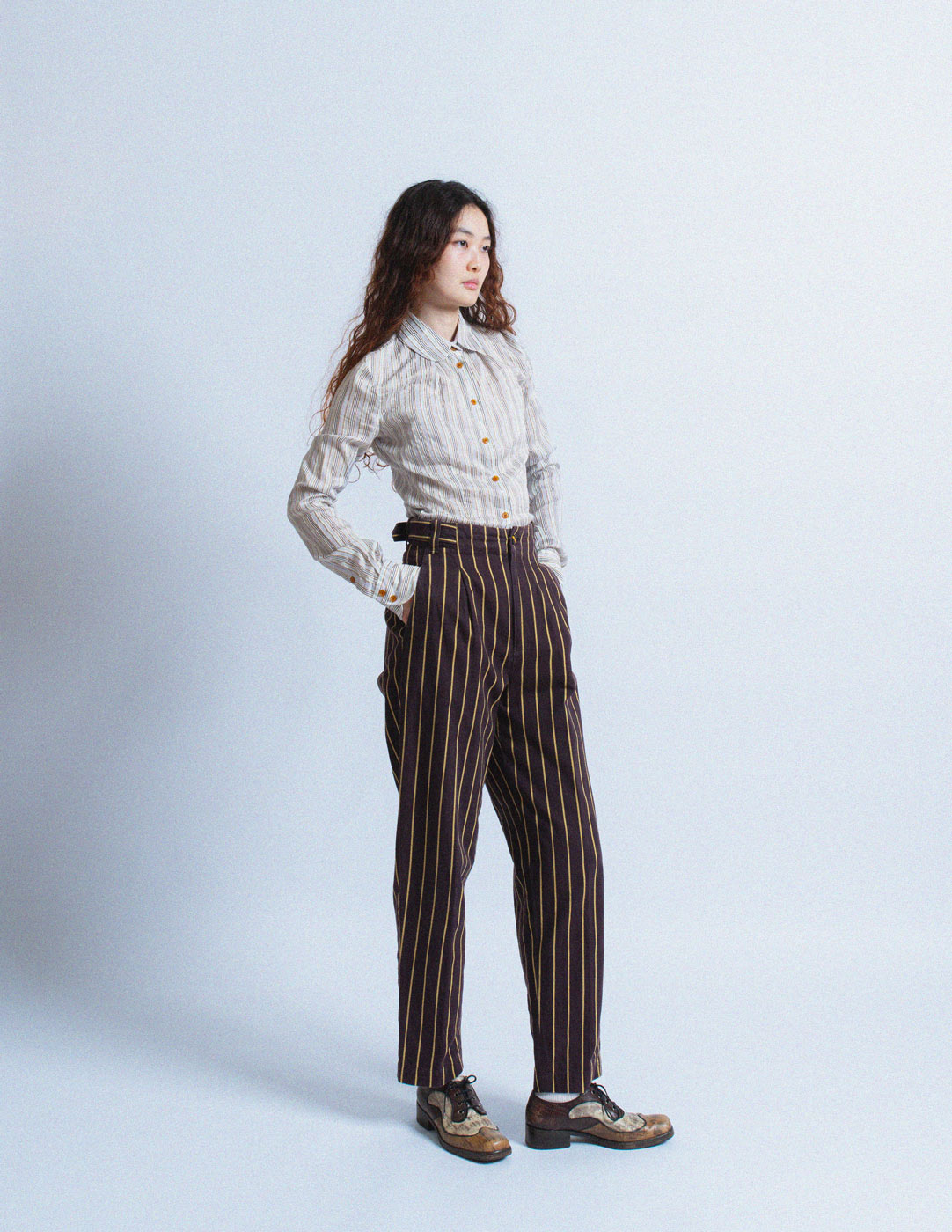 Issey Miyake vintage striped high waisted cotton trousers side view