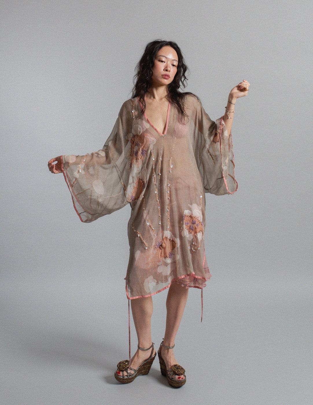 sheer silk dress with beaded embroidery