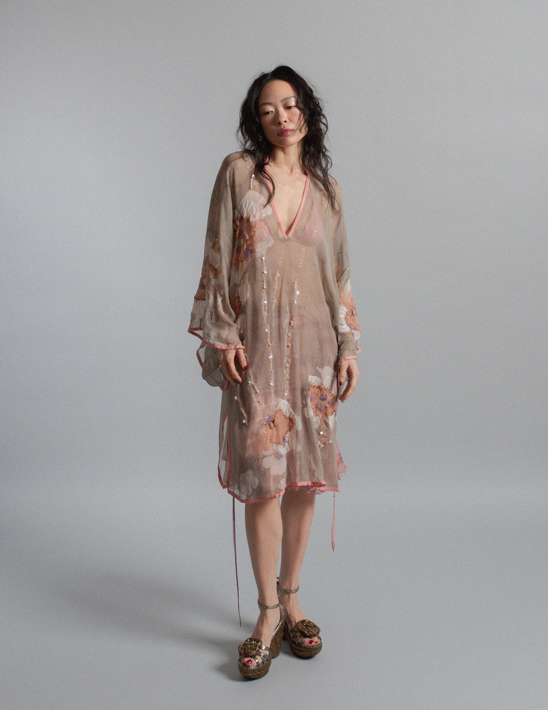 sheer silk dress with beaded embroidery