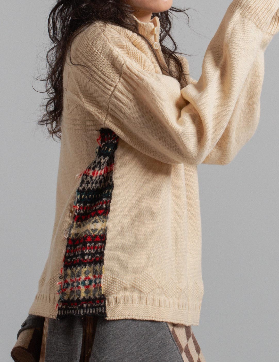 Comme des Garçons Homme vintage patchwork Fair Isle panel wool sweater side detail