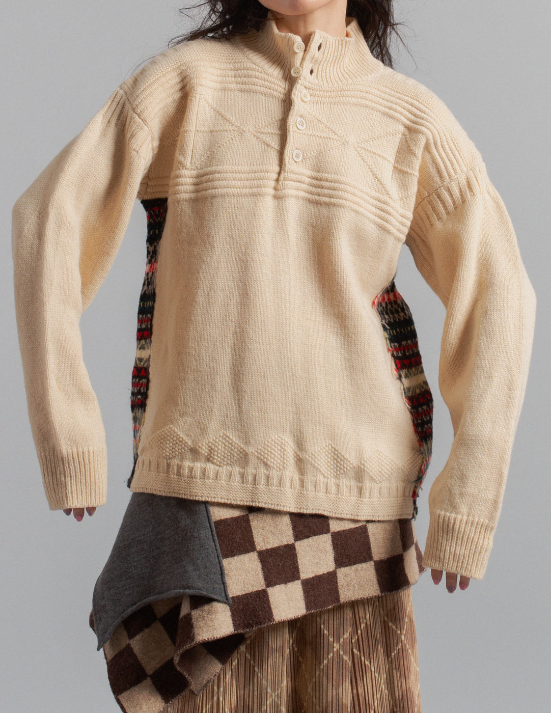 Comme des Garçons Homme vintage patchwork Fair Isle panel wool sweater front detail