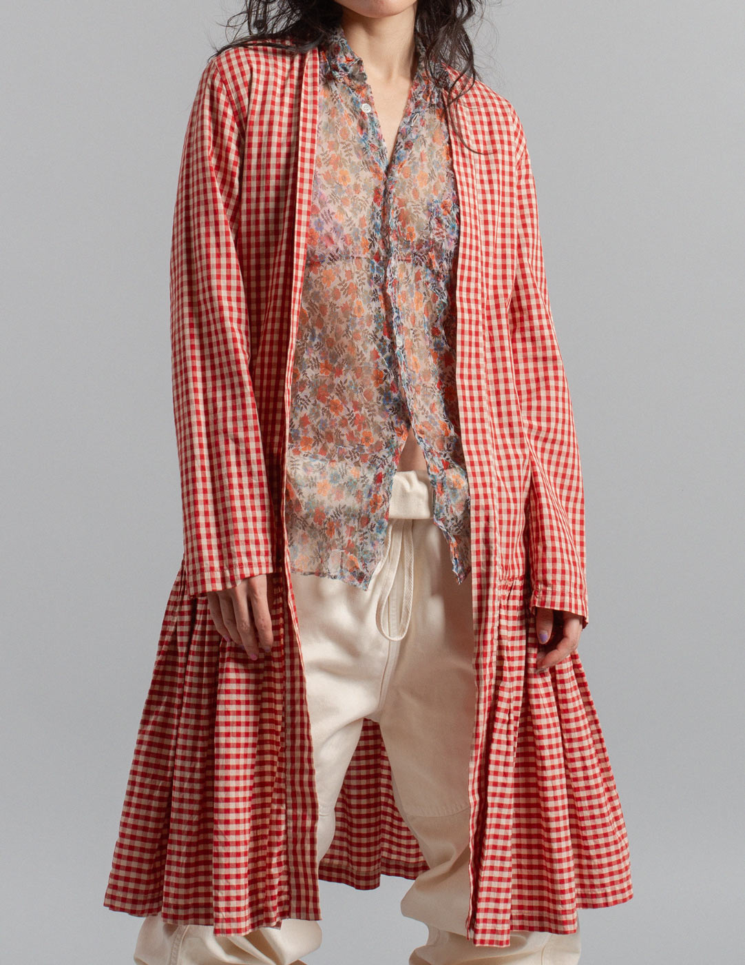 Kapital red and white gingham cotton open duster front detail