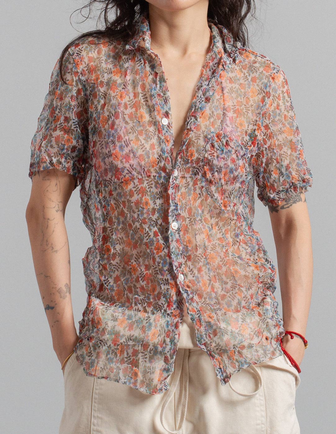 floral print mesh button down