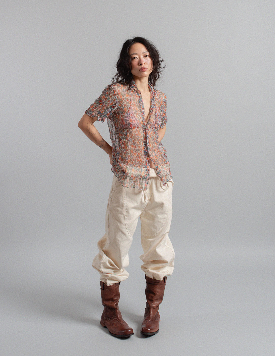 floral print mesh button down