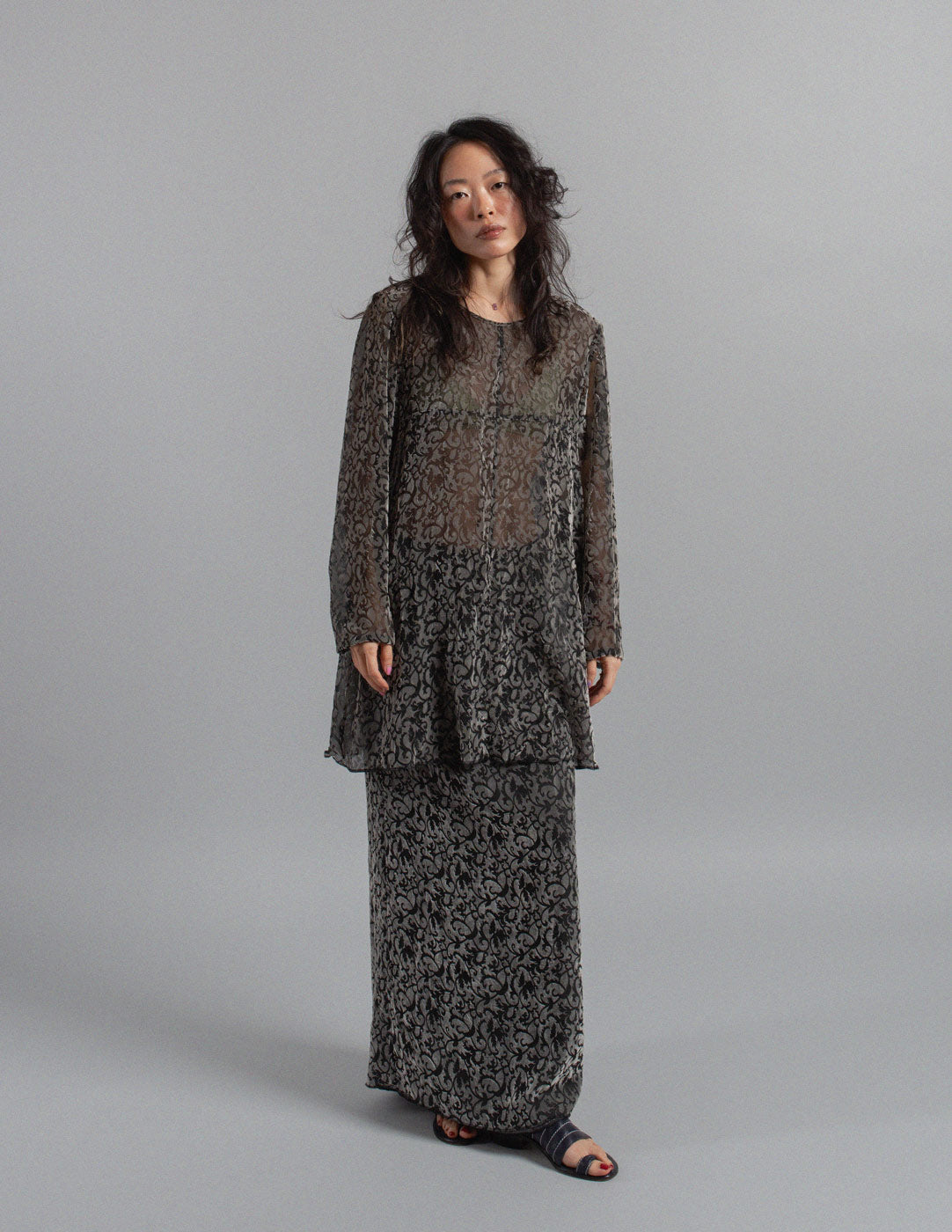 Comme des Garçons vintage devoré velvet sheer top and skirt set