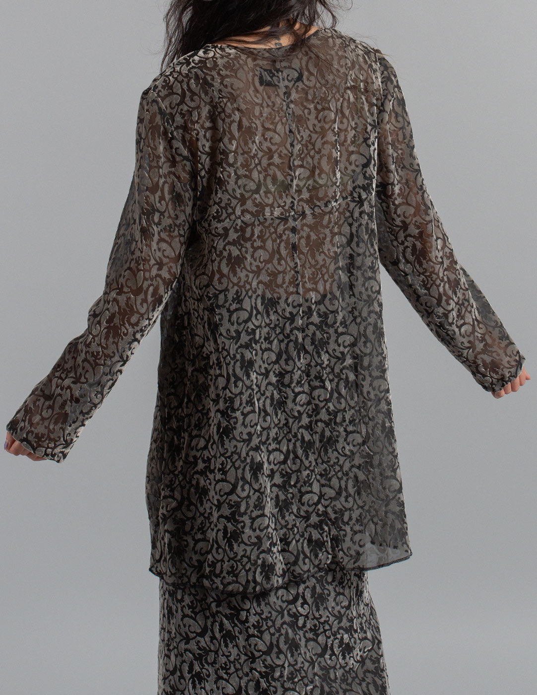 Comme des Garçons vintage devoré velvet sheer top and skirt set back detail