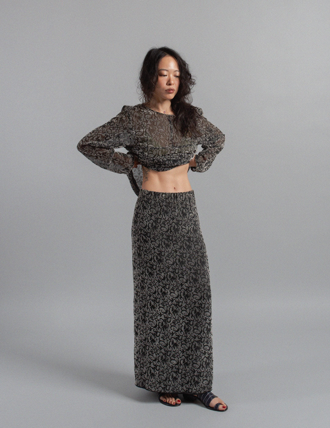 Comme des Garçons vintage devoré velvet sheer top and skirt set