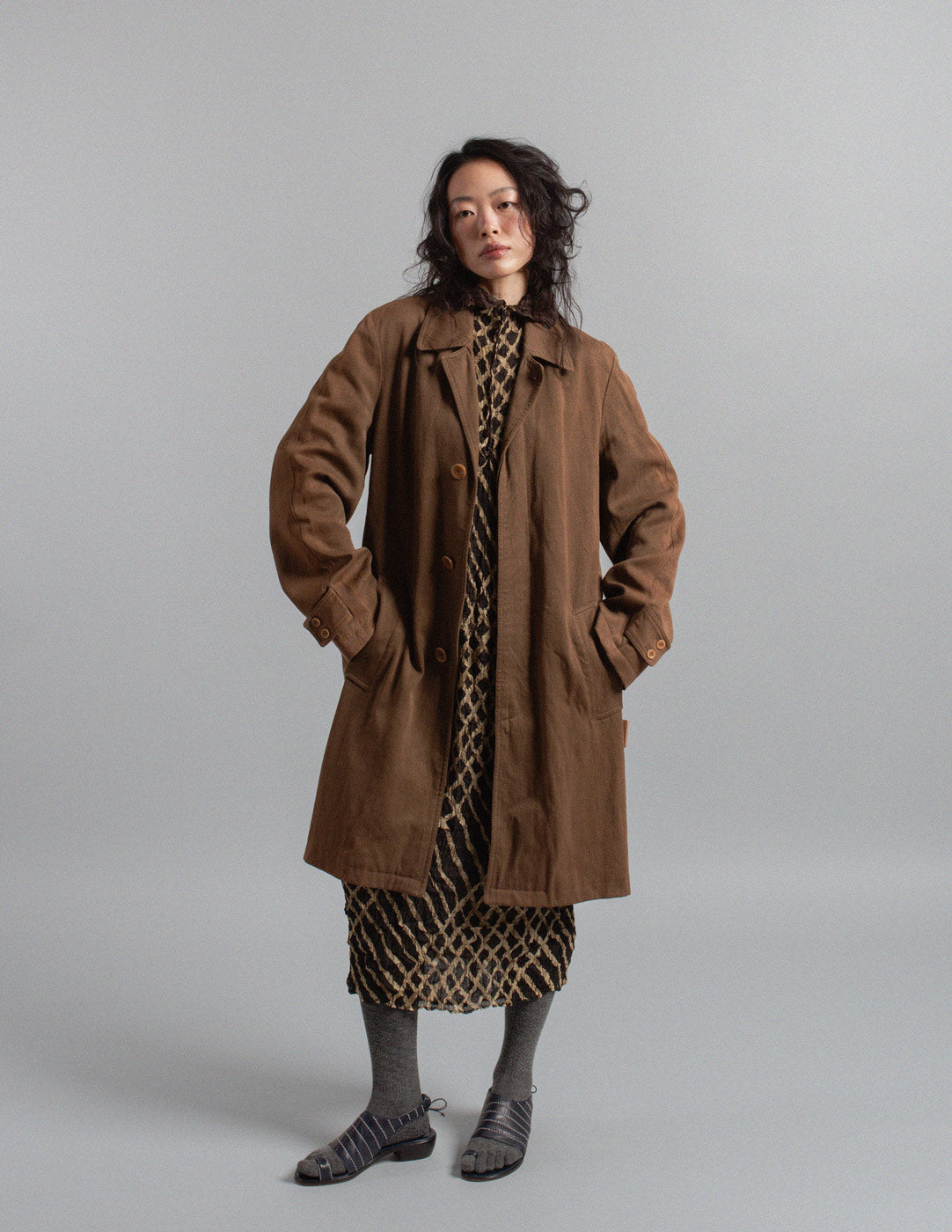 Dries Van Noten brown linen and wool belted trench