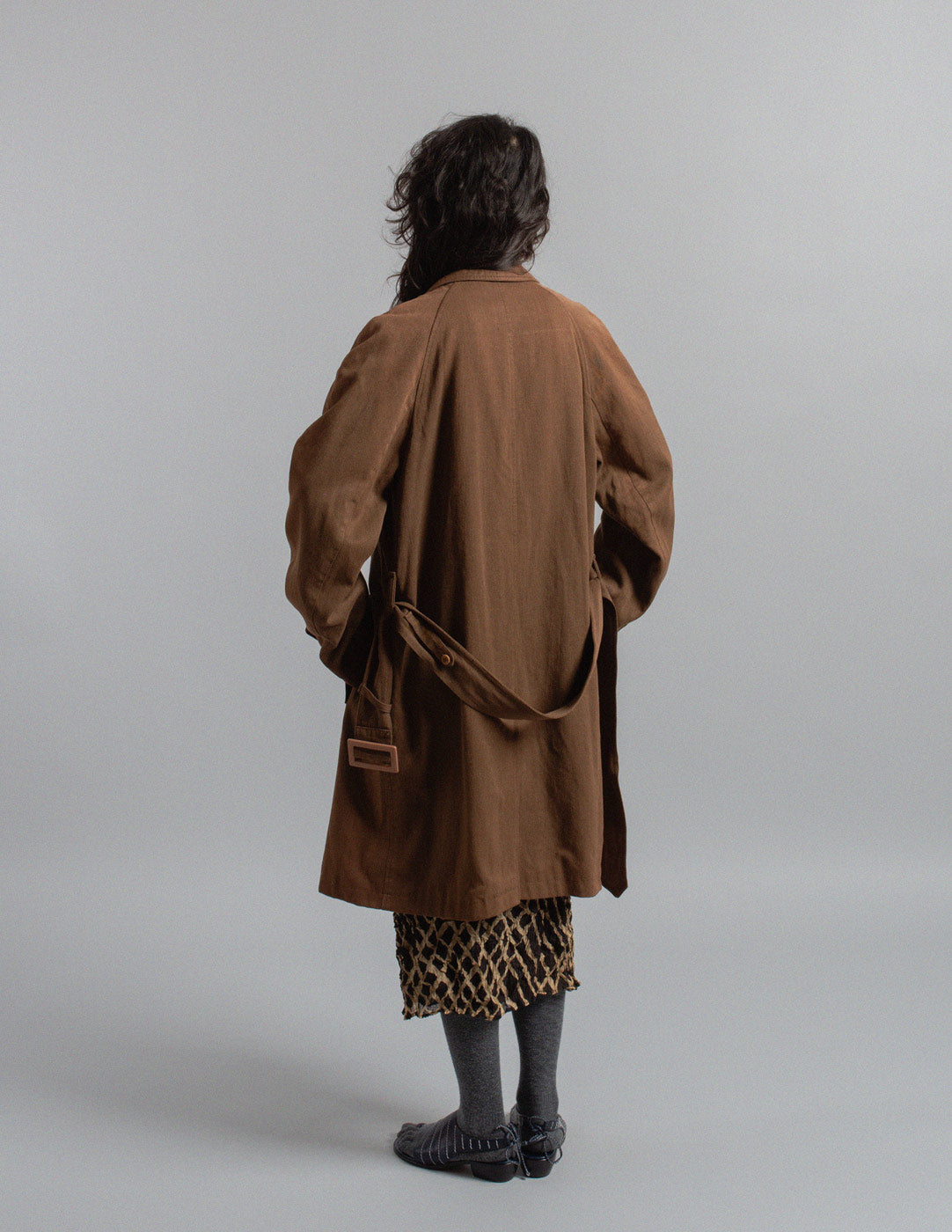 Dries Van Noten brown linen and wool belted trench back view