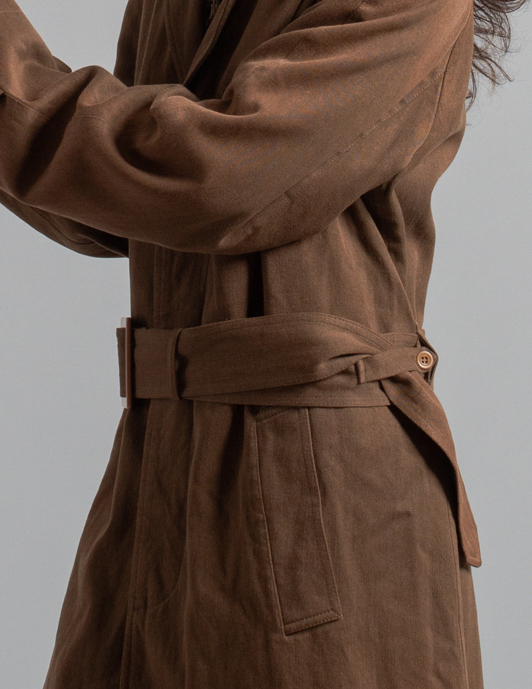 Dries Van Noten brown linen and wool belted trench detail