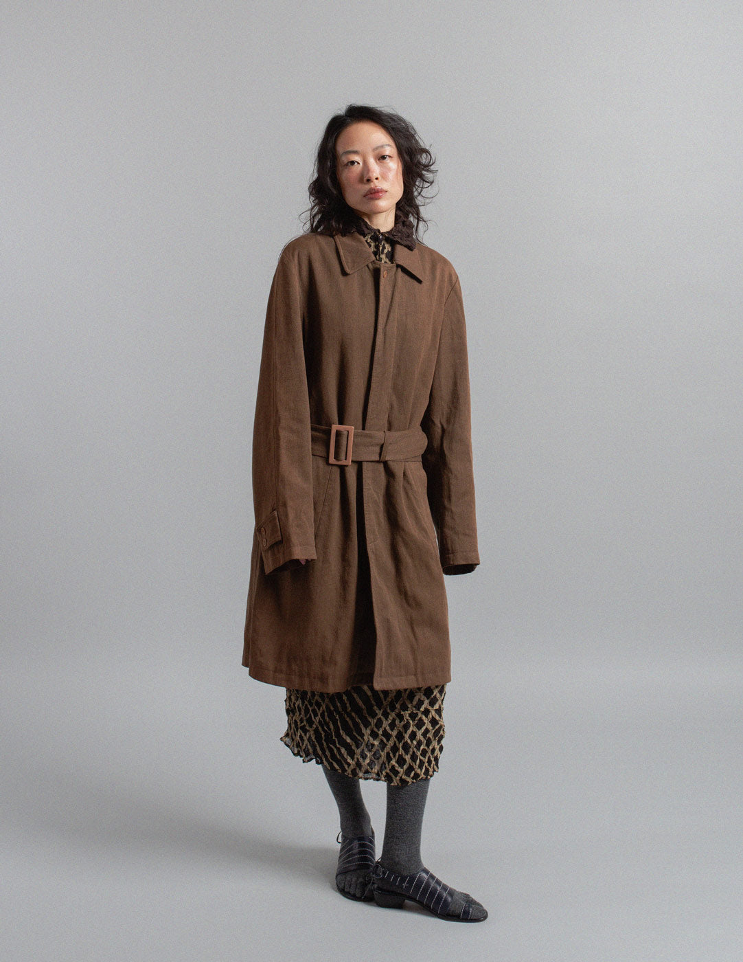 Dries Van Noten brown linen and wool belted trench