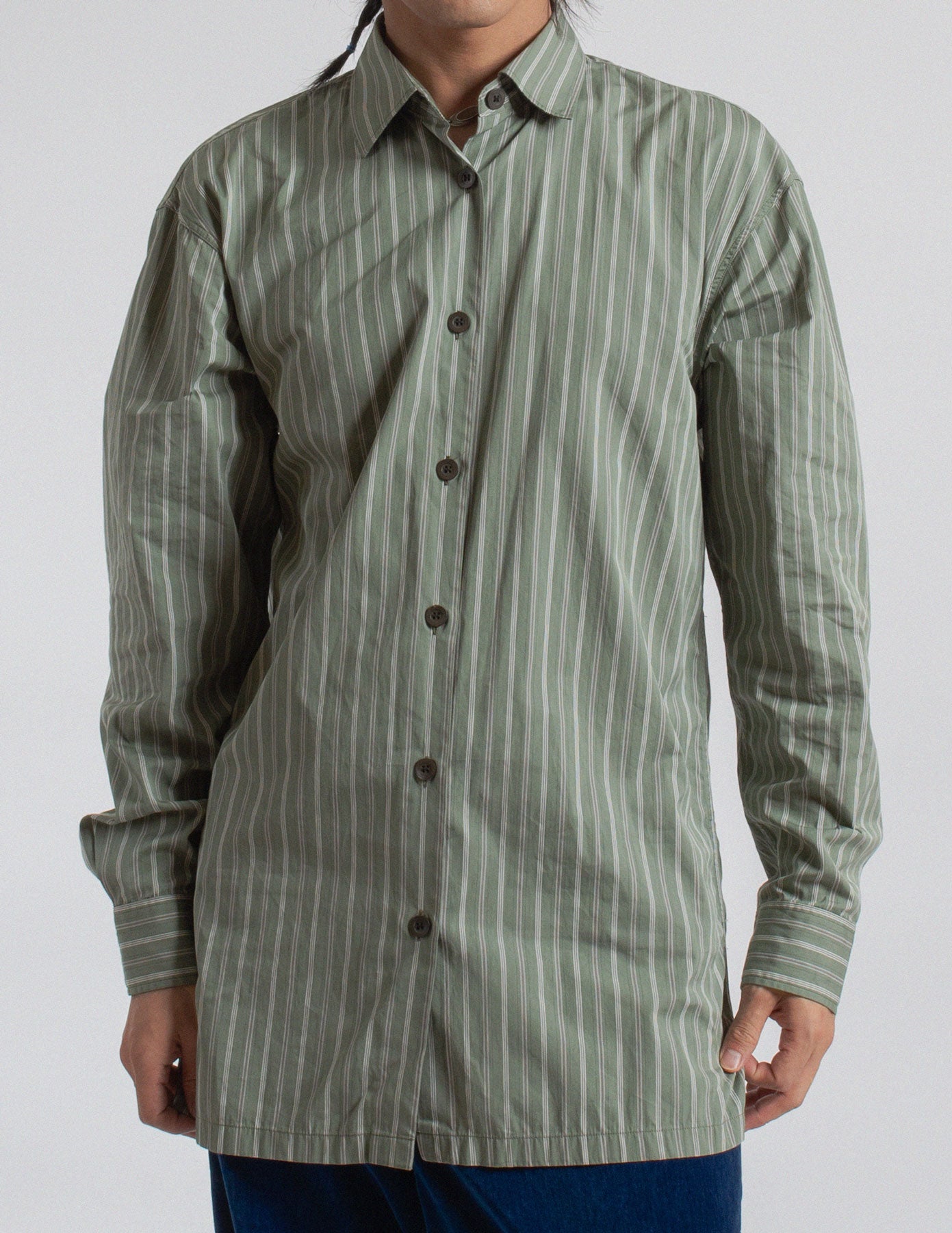 Dries Van Noten sage green striped button-up shirt front detail