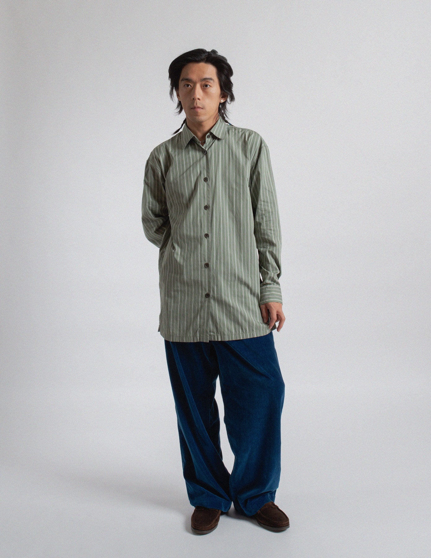 Dries Van Noten sage green striped button-up shirt