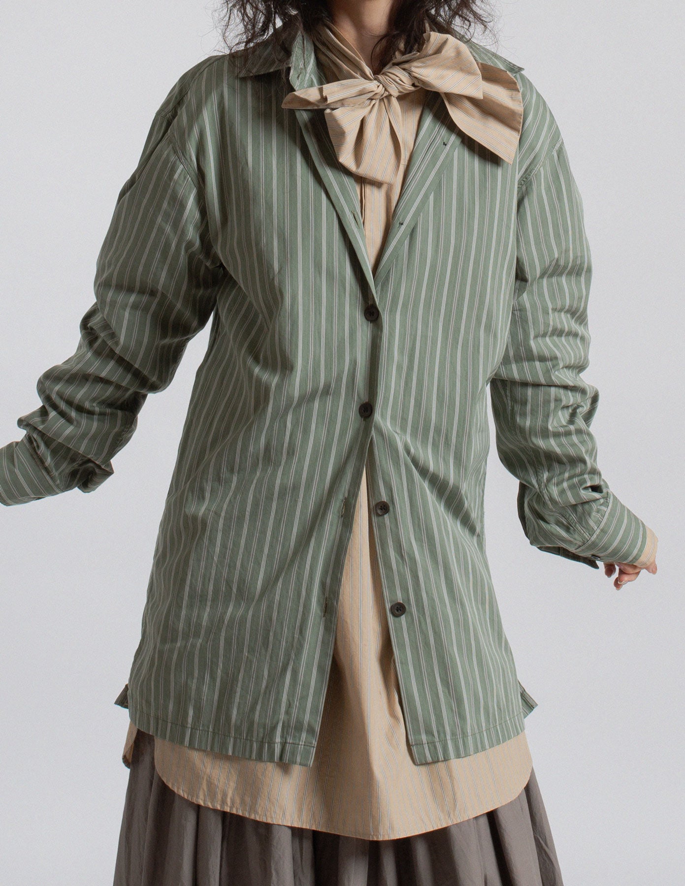 Dries Van Noten sage green striped button-up shirt front detail