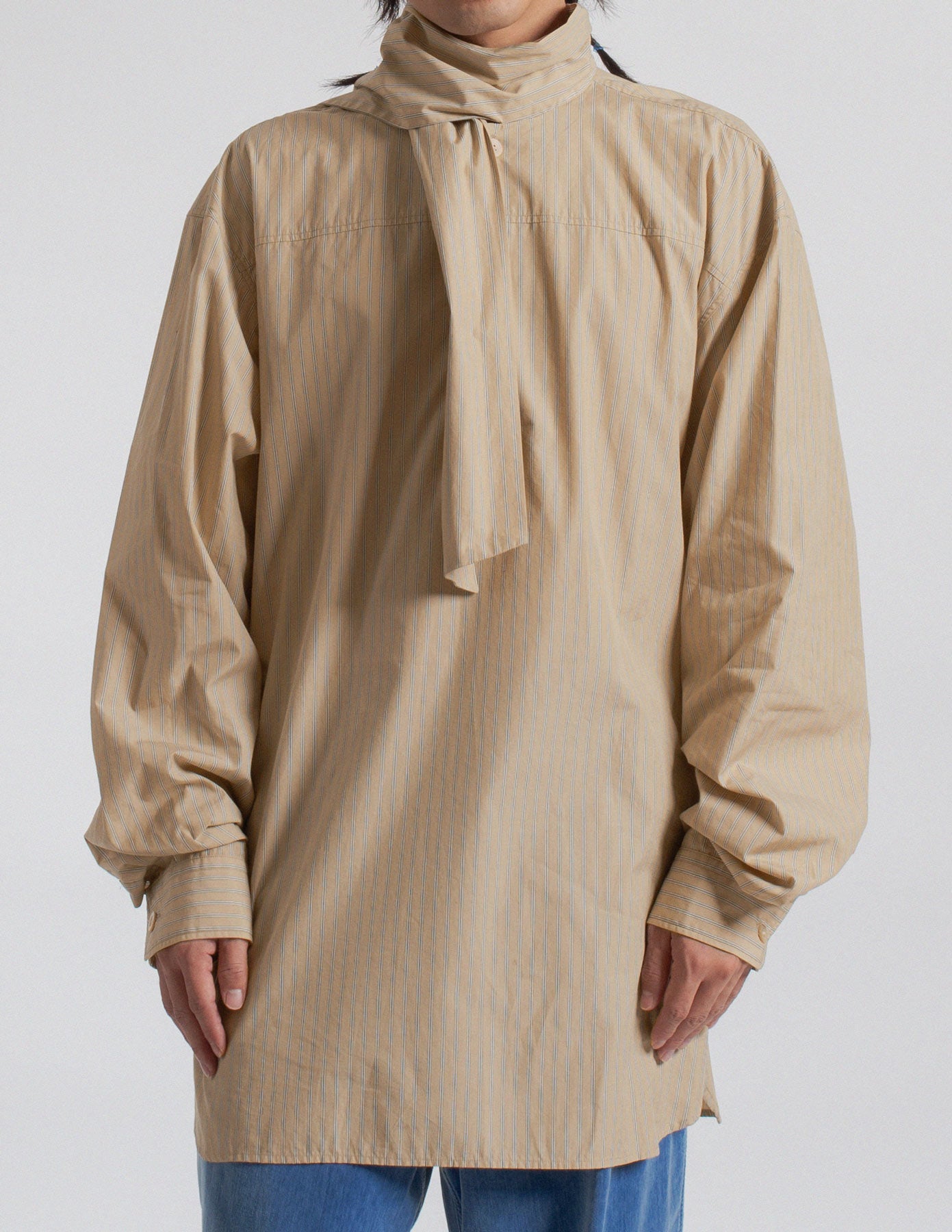 Dries Van Noten oversized beige stripe shirt with neck tie front detail