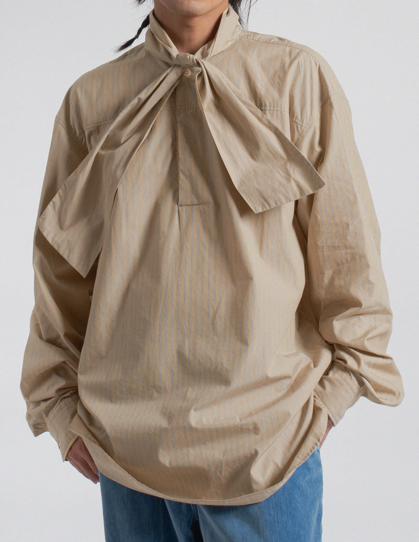 Dries Van Noten oversized beige stripe shirt with neck tie front detail
