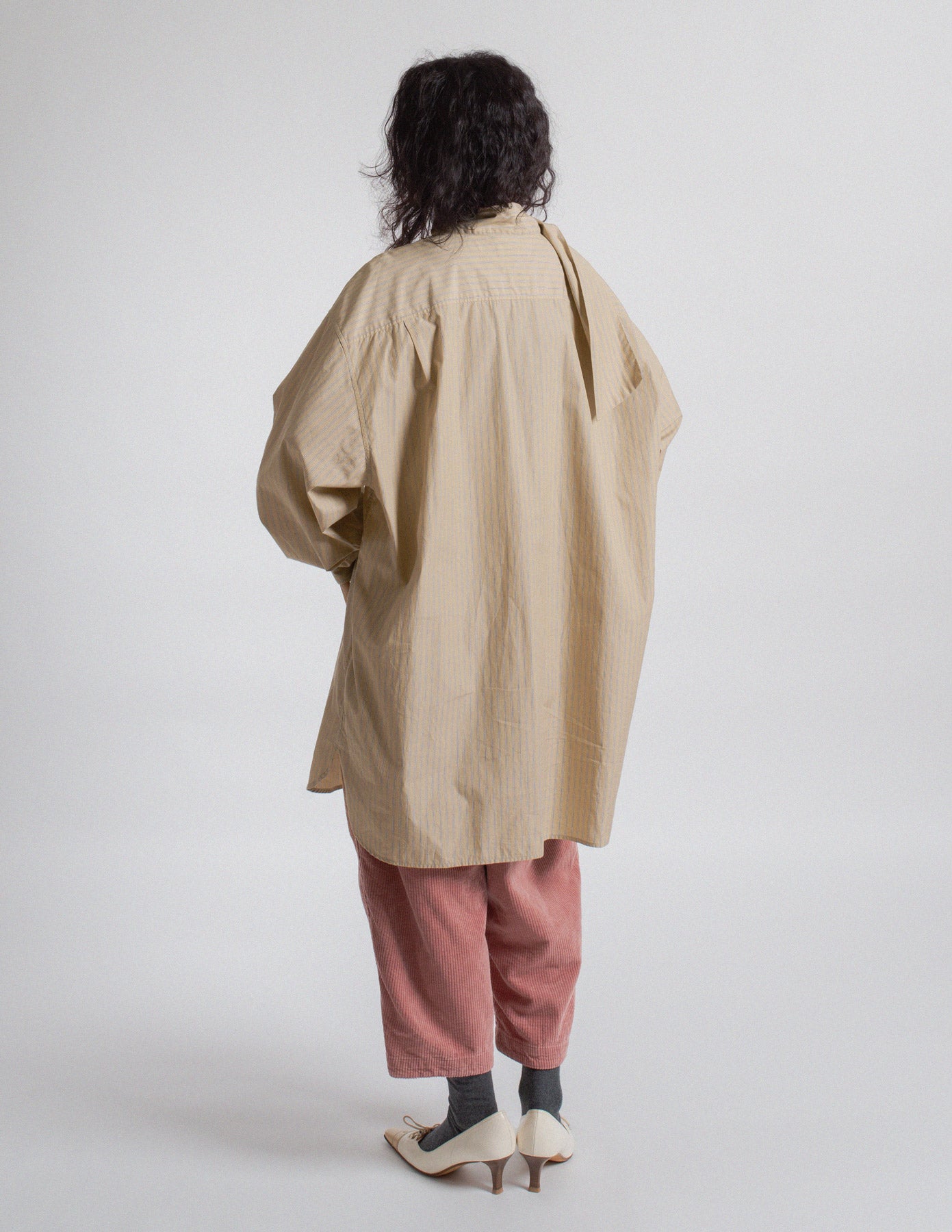 Dries Van Noten oversized beige stripe shirt with neck tie back view