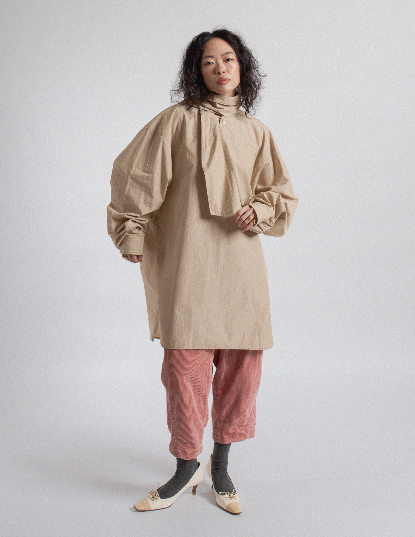 Dries Van Noten oversized beige stripe shirt with neck tie